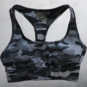 Love & Sports Bra Lightly Padded Wireless Racerback Black Camo Camouflage XS
